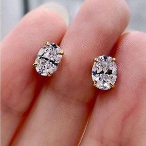 14K Gold Oval 2ct Diamond Stud Womens Earrings Ladies 14 K Silver Studs Jewelry